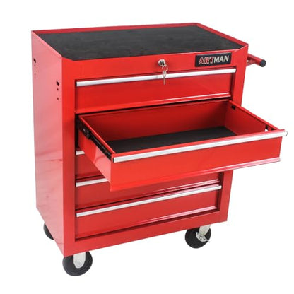 5-Drawer Lockable Tool Chest - Ball-Bearing Slides, 4 Casters (2 with Brakes) & Side Pull Handle, RED