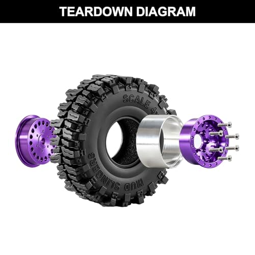 1.0" Beadlock Wheels and Tires for 1/24 SCX24 1/18 TRX4M RC Crawlers – Upgrade Parts (Purple, 4pcs) - color: Purple