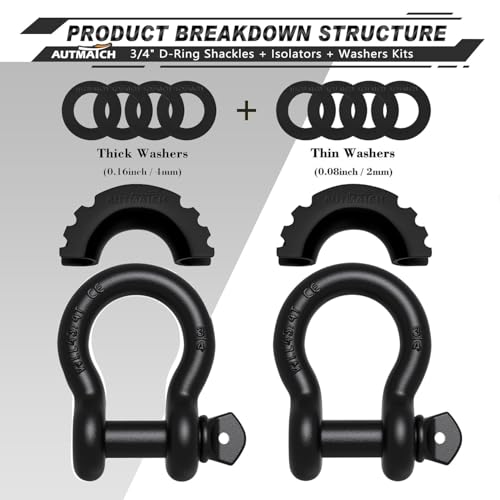 AUTMATCH 3/4" D Ring Shackles (2-Pack) - 41,887 lbs Break Strength | Clevis Shackle with 7/8" Pin & Isolator Washer Kit for Tow Strap, Winch, Towing & Off-Road Vehicle Recovery, Frosted Black - color: Frosted Black