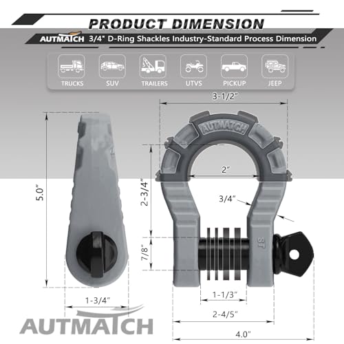 AUTMATCH D Ring Shackles 3/4" Mega Shackle (2 Pack) 68,000Ibs Break Strength - Heavy Duty Clevis Shackles with 7/8" Screw Pin and Isolator Washer for Tow Strap Winch Off Road Vehicle Recovery, Gray - color: Gray & Black