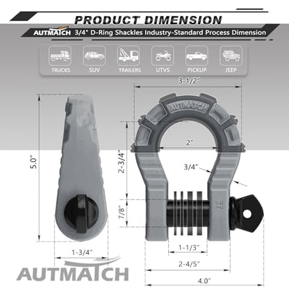 AUTMATCH D Ring Shackles 3/4" Mega Shackle (2 Pack) 68,000Ibs Break Strength - Heavy Duty Clevis Shackles with 7/8" Screw Pin and Isolator Washer for Tow Strap Winch Off Road Vehicle Recovery, Gray - color: Gray & Black