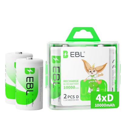 EBL D Cell Batteries 10,000mAh Ultra Pro Ni-MH Rechargeable D Batteries, 4-Pack | 10000mAh Ni-MH compatiable with Flashlights, Radios, Portable Speakers, Mercury-Free, 1200 Cycles