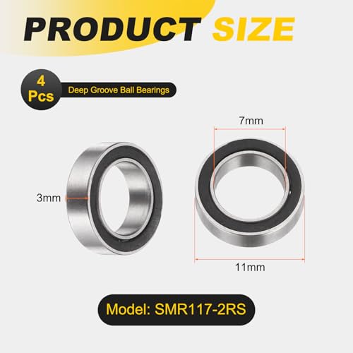 uxcell 4Pcs SMR117-2RS Deep Groove Ball Bearings, 7x11x3mm 440C Stainless Steel Double Shielded Bearings, ABEC 5 - size: 7x11x3mm