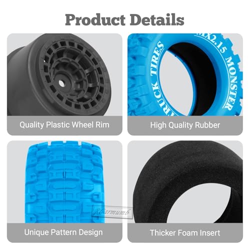 100 * 52MM 1/16 RC Monster Truck Tires 12mm Hex Adapters All-Terrain Traction Tires fit for Mini Maxx/Mini XRT, MJX 16207/16208/16209/16210,HSP 94186,E-Revo,L0S1,1/18 Mini LMT,Blue&Black - color: Blue&black(4pcs)
