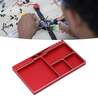 Magnetic Screw Tray, 16x10x1.1cm/6.30x3.94x0.43in Aluminium Alloy RC Repair Parts Organizer Portable Small Parts Holder with 4 Magnetic Pads for RC Aircraft (Red) - color: Red