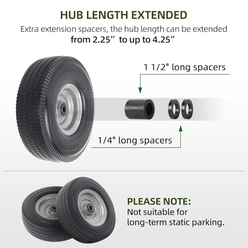 AR-PRO (2-Pack) 10-Inch Solid Wheel Replacement - 4.10/3.50-4 Flat Free Tire and Wheel with 5/8 extra 3/4 &1/2 Bearings and 2.25" Offset Hub - Compatible with Hand Truck, Generator, Gorilla Carts - size: 10‘’