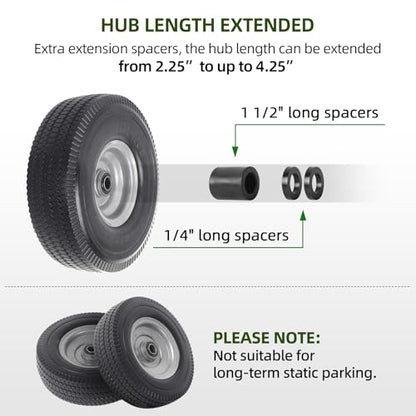 AR-PRO (2-Pack) 10-Inch Solid Wheel Replacement - 4.10/3.50-4 Flat Free Tire and Wheel with 5/8 extra 3/4 &1/2 Bearings and 2.25" Offset Hub - Compatible with Hand Truck, Generator, Gorilla Carts - size: 10‘’