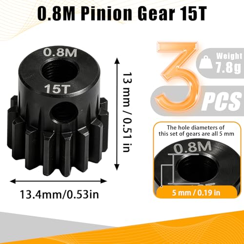 3-Pack Steel Metal 0.8M 5mm Pinion Motor Gear Sets 15T Compatible with HPI Kyosho Losi Axial Tamiya 1/8 1/10 RC Car Monster Truck Buggy, 0.8 Module Gear for Traxxsa Arrma - style: 3Pcs 15T