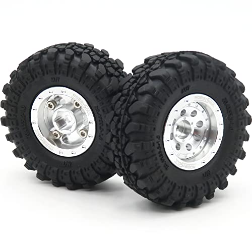Adjustable Offset RC 1.0 Wheels and Tires, 1/24 Tires & Heavy 1.0 Beadlock Wheels Silver for 1:24 RC Crawler Axial SCX24 Upgrade & Other 1/24 Crawler Truck,(4-Pack, Assembled) - color: Silver