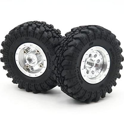 Adjustable Offset RC 1.0 Wheels and Tires, 1/24 Tires & Heavy 1.0 Beadlock Wheels Silver for 1:24 RC Crawler Axial SCX24 Upgrade & Other 1/24 Crawler Truck,(4-Pack, Assembled) - color: Silver