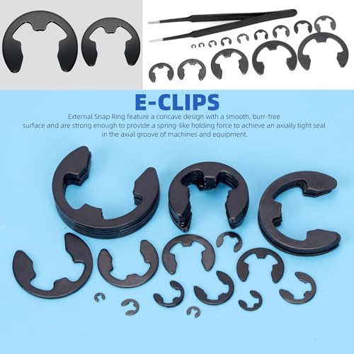 Glarks 211pcs 65Mn Steel E Clips Retaining Rings Assortment Set 14 Sizes E-Ring Circlip Rings Heat Treated External Retaining Clips E-Clips Retainer Circlip Rings with Tweezers for Gears