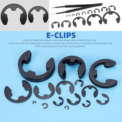 Glarks 211pcs 65Mn Steel E Clips Retaining Rings Assortment Set 14 Sizes E-Ring Circlip Rings Heat Treated External Retaining Clips E-Clips Retainer Circlip Rings with Tweezers for Gears
