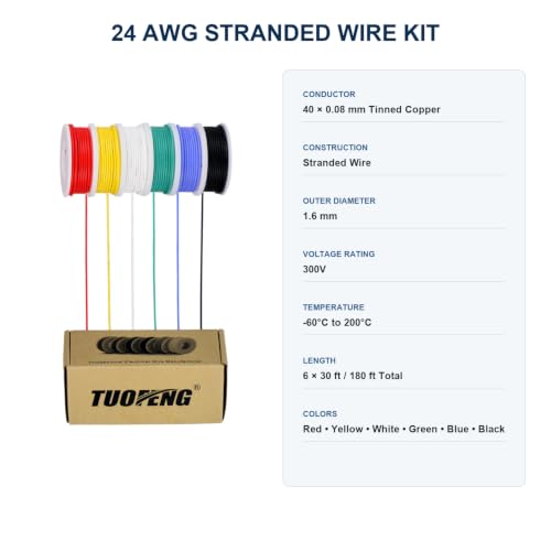 TUOFENG 24 AWG Stranded Silicone Wire, 6 Colors, 30 ft Each, Tinned Copper - size: 24 AWG Stranded 6 Colors 30 ft