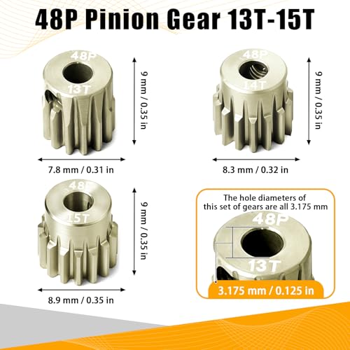 3PCS 48P Pinion Gear Set 7075 Aluminum Alloy 3.175mm Shaft 13T 14T 15T with Screws & Hex for 1/10 RC Arrma Traxxas HPI Sakura Losi Axial SCX10 Tamiya Monster Truck Buggy Motor Gears Upgrade - size: 13 14 15T