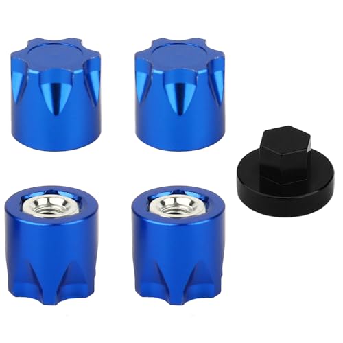 4PCS Aluminium Wheel Rim Center Cap M4 Nuts with Tool for 1/10 RC Crawler Axial SCX10 90046 TRX4 TRX6 Tamiya Recat RC Crawler Upgrades，Star Shape (Blue) - color: Blue