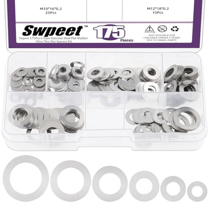 Swpeet 175Pcs 6 Sizes M4 M5 M6 M8 M10 M12 304 Stainless Steel Flat Washers Assortment Kit, Ultra Thin Flat Spacers, Metal Washers Set, Metal Ultra Thin Plain Gasket, Shim Washer for Screw Bolt