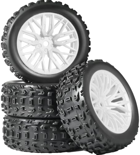 4PCS Pre-Glued RC Crawler Car Rubber Tires and Plastic Wheels Set, 70mm*26mm Tires and Rims with 12mm Hex Fits for ARRMA 1/14 1/16 1/18 Granite/Typhon Grom RC On/Off Road Crawler Truck Buggy (White) - color: White