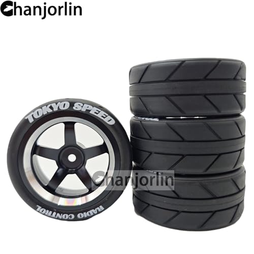 1/10 On Road Racing Tires and 5-Spoke Aluminum Wheels 12mm Hex OD 2.56" RC Touring Tyres for 1:10 Rally Street Drift Car Tamiya TT01 TT02 XV01 A959 PTG2 KYOSHO HSP Traxxas 4PCS (Black) - color: Black