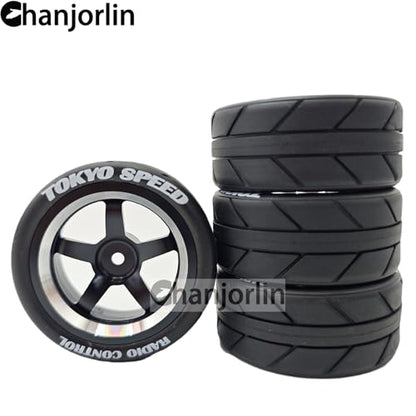 1/10 On Road Racing Tires and 5-Spoke Aluminum Wheels 12mm Hex OD 2.56" RC Touring Tyres for 1:10 Rally Street Drift Car Tamiya TT01 TT02 XV01 A959 PTG2 KYOSHO HSP Traxxas 4PCS (Black) - color: Black