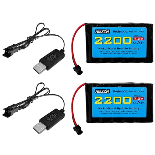 2PCS 7.2V 2200mah AA NiMH Battery with SM-2P Plug and 2PCS USB Charging Cable for Huina 1550 550 RC Excavator, Car, Truck, Engineering Vehicle, TR-211 RC Toy Car Battery