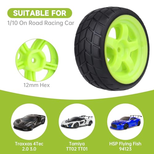 OD 2.56" 12mm Hex Wheels Rims Rubber Tires Set for 1/10 Scale RC Drift & Touring Cars Compatible with Traxxas, Tamiya, HPI, HSP, Redcat (Non-Glued)