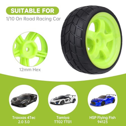 OD 2.56" 12mm Hex Wheels Rims Rubber Tires Set for 1/10 Scale RC Drift & Touring Cars Compatible with Traxxas, Tamiya, HPI, HSP, Redcat (Non-Glued)