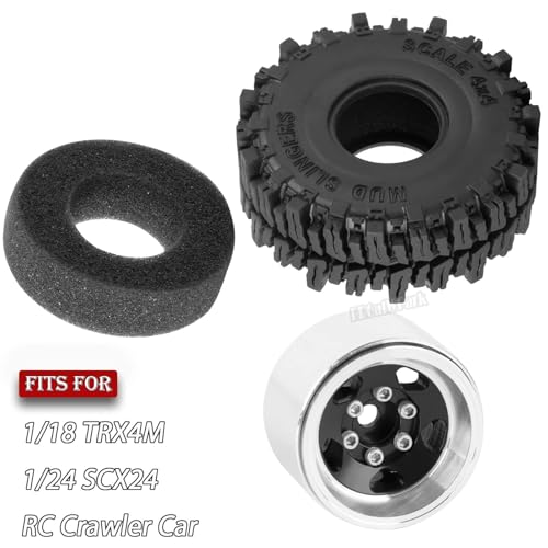 1.0 Beadlock Wheels and Tires for RC Crawler Car 1/18 TRX4M,1/24 SCX24,RC Off Road Buggy Rally Truck Wheels and Tires,RC Aluminium 1.0 in Rims and Rubber Tires w/Sponge,Black - color: Black - (1.0 in Beadlock Wheels)