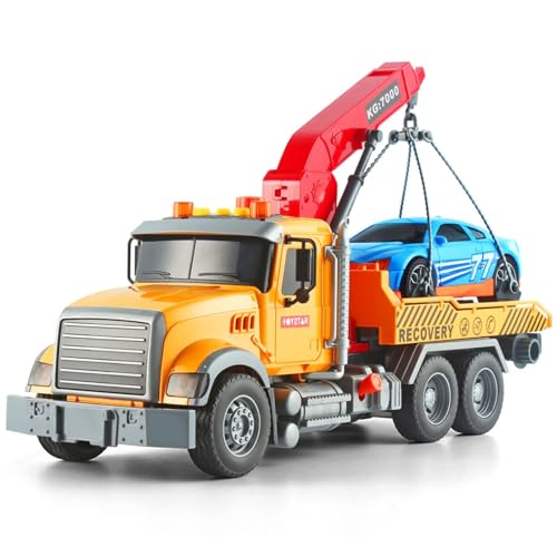 Dwi Dowellin Kids Toys for 3 4 5 6 7 Years Old Boys, 15" Large Tow Truck Toy,Friction Powered Transport Truck Crane Toy with Lights and Sounds,with Roadster,Toddlers Gifts - style: tow truck