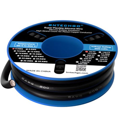 BNTECHGO 6 Gauge Silicone Wire Black 50ft Stranded Tinned Copper Wire | Flexible 6 AWG Stranded Wire Silicone Rubber Insulation For RC Models, Drone, Robot, Battery, EV Charger, 3D Printer, DIY - size: 50ft Black