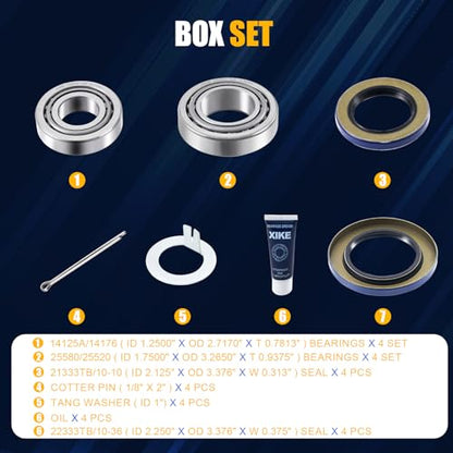 XiKe 25580/25520 & 14125A/14276 Trailer Bearings Wheel Hub Kit, 4 Sets | Fits 6,000-7,000 lb Axles, Includes 21333TB/10-10 Seal, 22333TB/10-36 Seal and Cotter Pin - size: 25580/20 ＆ 14125A/76 + Seal ID 2.125'' ＆ 2.250'', style: Pack 4 Set