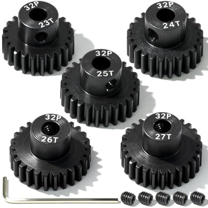5Pcs 32P Hardened Steel Pinion Gear Set 5mm Shaft 23T 24T 25T 26T 27T Motor Pinion Gear with M4 Screw and Hex Key, for Arrma HPI Kyosho Losi Axial Traxxas Tamiya 1/10 RC Car and 540/550 Motors - size: 32P-HSP-5mm-23-27T
