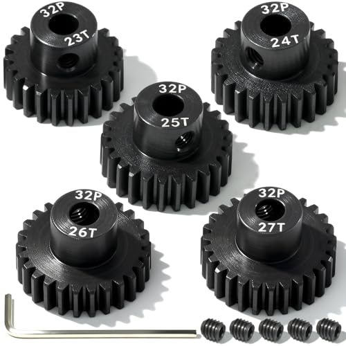 5Pcs 32P Hardened Steel Pinion Gear Set 5mm Shaft 23T 24T 25T 26T 27T Motor Pinion Gear with M4 Screw and Hex Key, for Arrma HPI Kyosho Losi Axial Traxxas Tamiya 1/10 RC Car and 540/550 Motors - size: 32P-HSP-5mm-23-27T