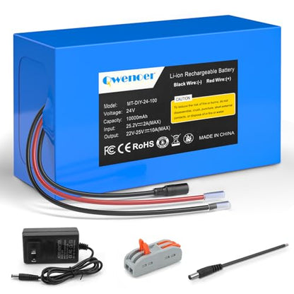 22.2V-24V 10Ah Lithium Battery, 24V Rechargeable Li-ion Battery with 25.2V 2A Charger, Bare Leads Wire, Cable Connector for Kids Ride On Cars, DIY Project, Solar Panels, LED Light Strip, CCTV Camera
