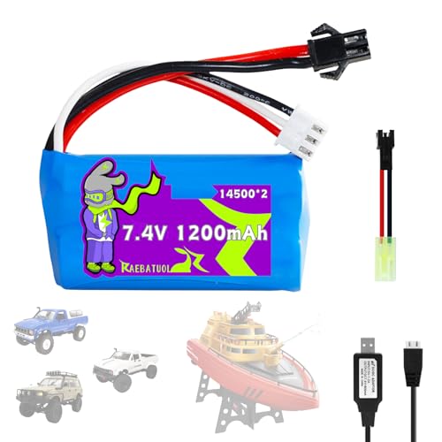 7.4V 1200mAh SM2P/Mini Tamiya 15C Battery for SYMA Q14 RC Boat,Airsoft Gun Water Ball Gun,for WPL C24 Crawler RC Car, C24-1 Off-Road Truck, LC80 Vehicle, FJ40 Climbing Car with Charger