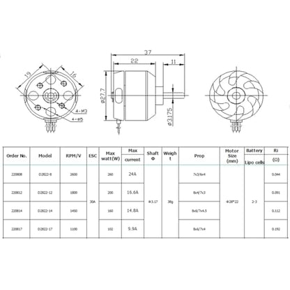 DYS D2822 1100KV/1450KV/1800KV/2600KV Brushless Outrunner Motor 2-3S for Multicopter RC Aircraft Fixed-Wing UAV（D2822 1800KV） - color: D2822 1800KV