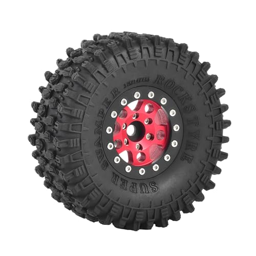 4PCS 1.55 inch Aluminum Metal Beadlock Wheels Rim and 95mm All Terrain Rubber Tires for 1/10 1/12 RC Rock Crawler Car for Axial AX90069 D90 TF2 Tamiya LC70 JIMNY UTB18(5Spoke,Red) - color: 5spoke,red
