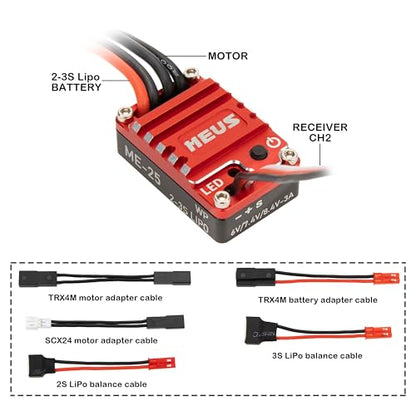MEUS Racing ME25 25A Brushed Mini ESC for SCX24 TRX4M ASCENT-18 SCX30 1/30 1/24 1/18 RC Crawler Upgrades (V2)