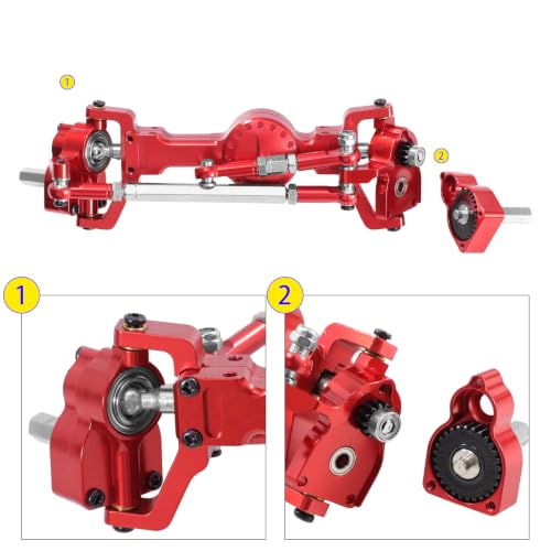 Metal Front & Rear Portal Axle Assembly Set for WPL C14 C24 B14 B24 B16 B36 C64 C64-1 C74 C74-1, Aluminum Axle Housing with Steel Gears, Steering Cups Tie Rods, 5mm RC Upgrade Parts (Red) - color: Red