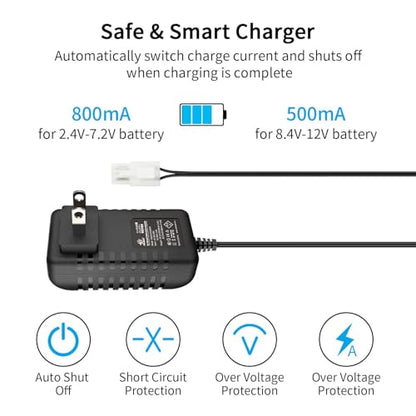 7.2V-9.6V / 8.4V NiMH Battery Charger for RC Cars – Universal | Compatible with Redcat Racing, Hexfly, and standard Tamiya plug packs. Charges 2.4V-12V NiMH/NiCD batteries safely.