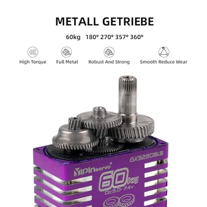 Digital Servo Motor, 60KG High Torque, 5.0-7.4V Brushless, Metal Gear with Servo Arms (180 Degree) - style: 180 Degree