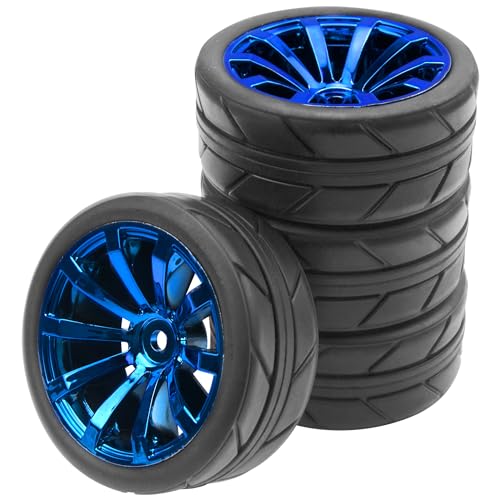 ShareGoo OD 2.55" Rubber Tires w/Plastic Wheel Rims 12mm Hex Compatible with HSP Tamiya Kyosho Traxxas Sakura WLtoys 1/10 RC On Road Racing Touring Car (Blue) - color: Blue