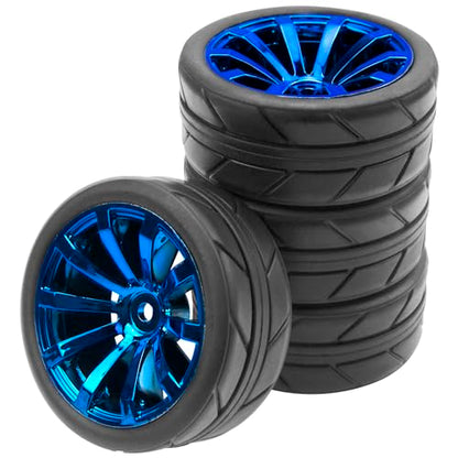 ShareGoo OD 2.55" Rubber Tires w/Plastic Wheel Rims 12mm Hex Compatible with HSP Tamiya Kyosho Traxxas Sakura WLtoys 1/10 RC On Road Racing Touring Car (Blue) - color: Blue