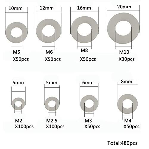 LGEGE Clear Pack of 480 White Nylon Flat Washer Assortment Shim Kit for M2 M2.5 M3 M4 M5 M6 M8 M10 Screw Bolt, Round Insulation Spacer