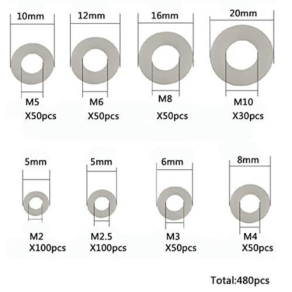 LGEGE Clear Pack of 480 White Nylon Flat Washer Assortment Shim Kit for M2 M2.5 M3 M4 M5 M6 M8 M10 Screw Bolt, Round Insulation Spacer