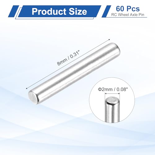 MECCANIXITY 60 Pack Dowel Pin Wheel, 2x8mm Steel Hex Wheel Hub Nut Pin Replacement for DIY RC Car Truck Boat Helicopter Model Part, Silver - size: 2x8mm