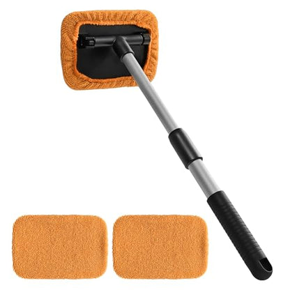 Windshield Cleaning Tool, Car Cleaning Window Tool, Car Window Cleaner with Unbreakable Extendable Handle and Microfiber Cloth, Scratch-Free Car Cleaning Brush for Auto Glass Wiper (Orange) - color: Orange