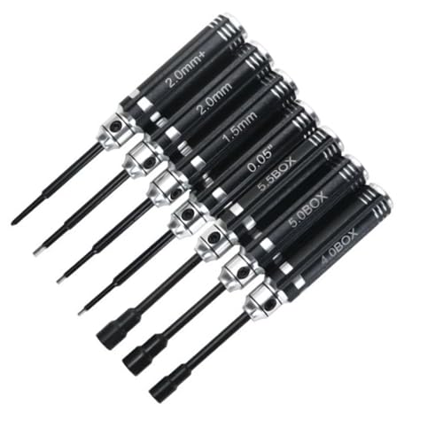 Mini RC Hex Screwdriver Nut Driver Set 7pcs for 1/18 1/24 TRX4M SCX24 FCX24 | 7 tools: 1.27/1.5/2.0mm hex, 4.0/5.0/5.5mm nut drivers, Phillips 2.0mm. Aluminum handles, steel bits. For TRX4M SCX24 FCX24.