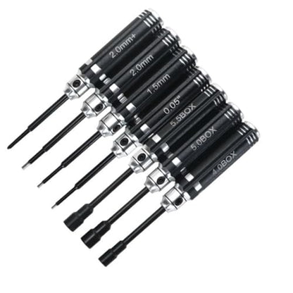 Mini RC Hex Screwdriver Nut Driver Set 7pcs for 1/18 1/24 TRX4M SCX24 FCX24 | 7 tools: 1.27/1.5/2.0mm hex, 4.0/5.0/5.5mm nut drivers, Phillips 2.0mm. Aluminum handles, steel bits. For TRX4M SCX24 FCX24.