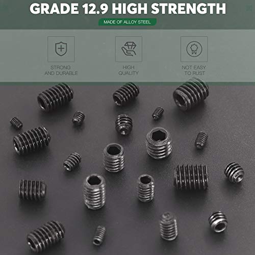 Keadic 236Pcs Internal Hex Drive Cup-Point Screws Assortment Kit, 10 Sizes Alloy Steel Hex Socket Set Cap Point Grub Screws, Socket Head Cap Screws Grub Screws, Black (1/8" to 3/8") - style: 236pcs SAE 10 Sizes Cup Point Set Screw kit