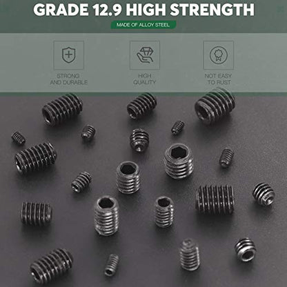 Keadic 236Pcs Internal Hex Drive Cup-Point Screws Assortment Kit, 10 Sizes Alloy Steel Hex Socket Set Cap Point Grub Screws, Socket Head Cap Screws Grub Screws, Black (1/8" to 3/8") - style: 236pcs SAE 10 Sizes Cup Point Set Screw kit